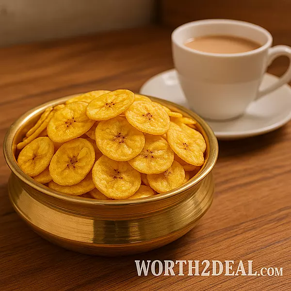 Kerala banana chips served with tea on a wooden table | Worth2Deal
