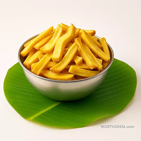 worth2deal jackfruit chips – Coconut Oil Fried Chakka Varuthathu in a bowl placed in a banana leaf